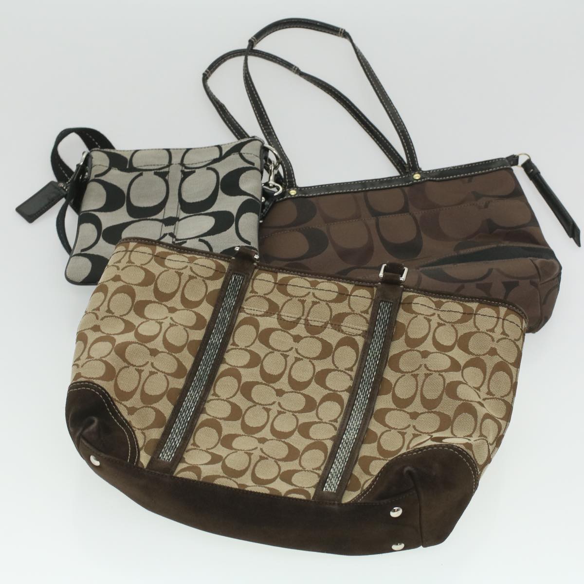 Coach Signature Hand Bag Shoulder Bag Canvas nylon 3Set Beige Brown Auth 37701