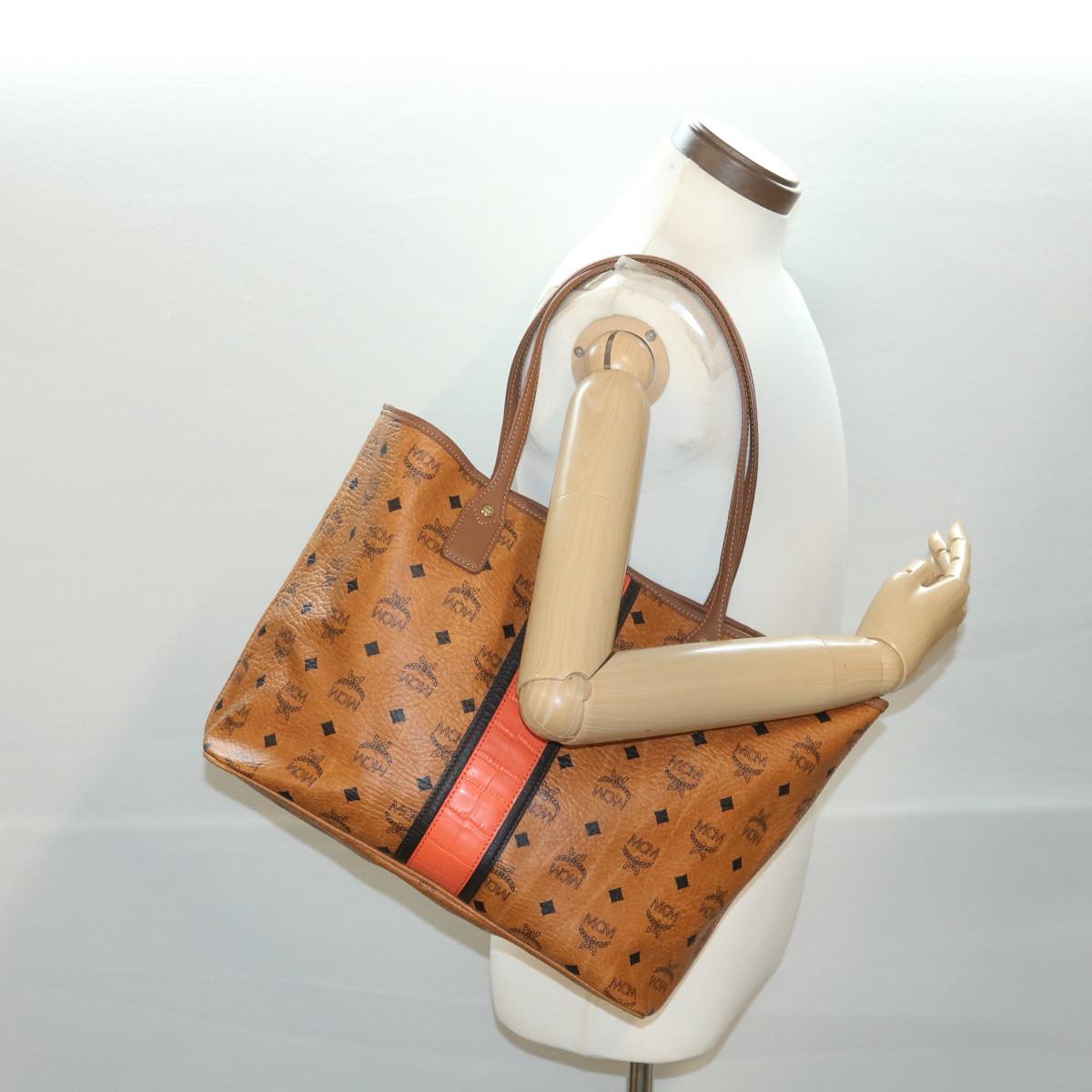MCM Vicetos Logogram Tote Bag PVC Leather Orange Brown Auth 37781