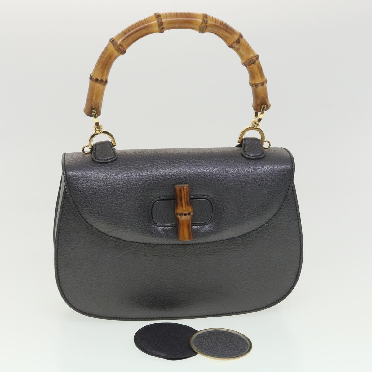 GUCCI Bamboo Hand Bag Leather Gray 000.926.0633 Auth 37969