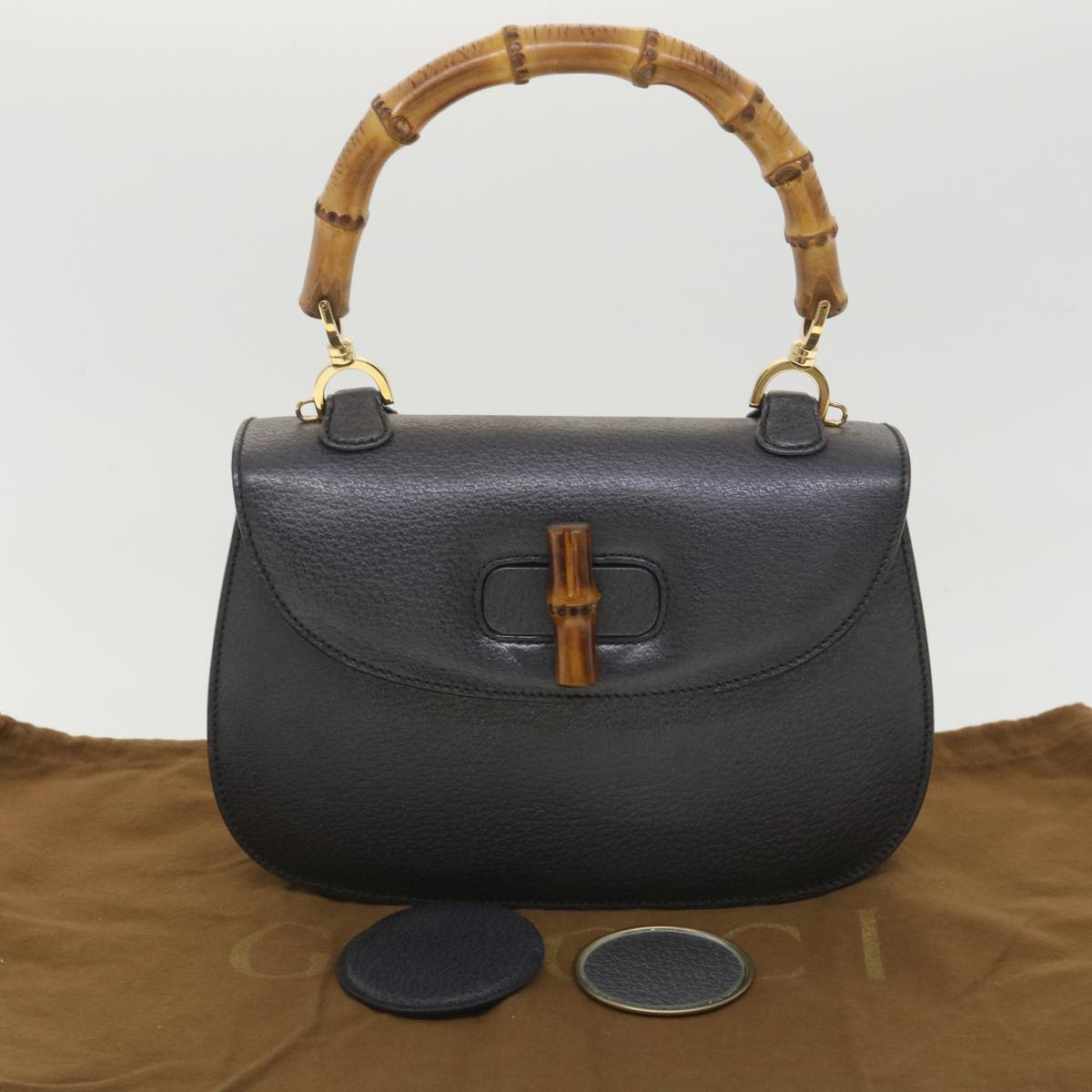 GUCCI Bamboo Hand Bag Leather Gray 000.926.0633 Auth 37969