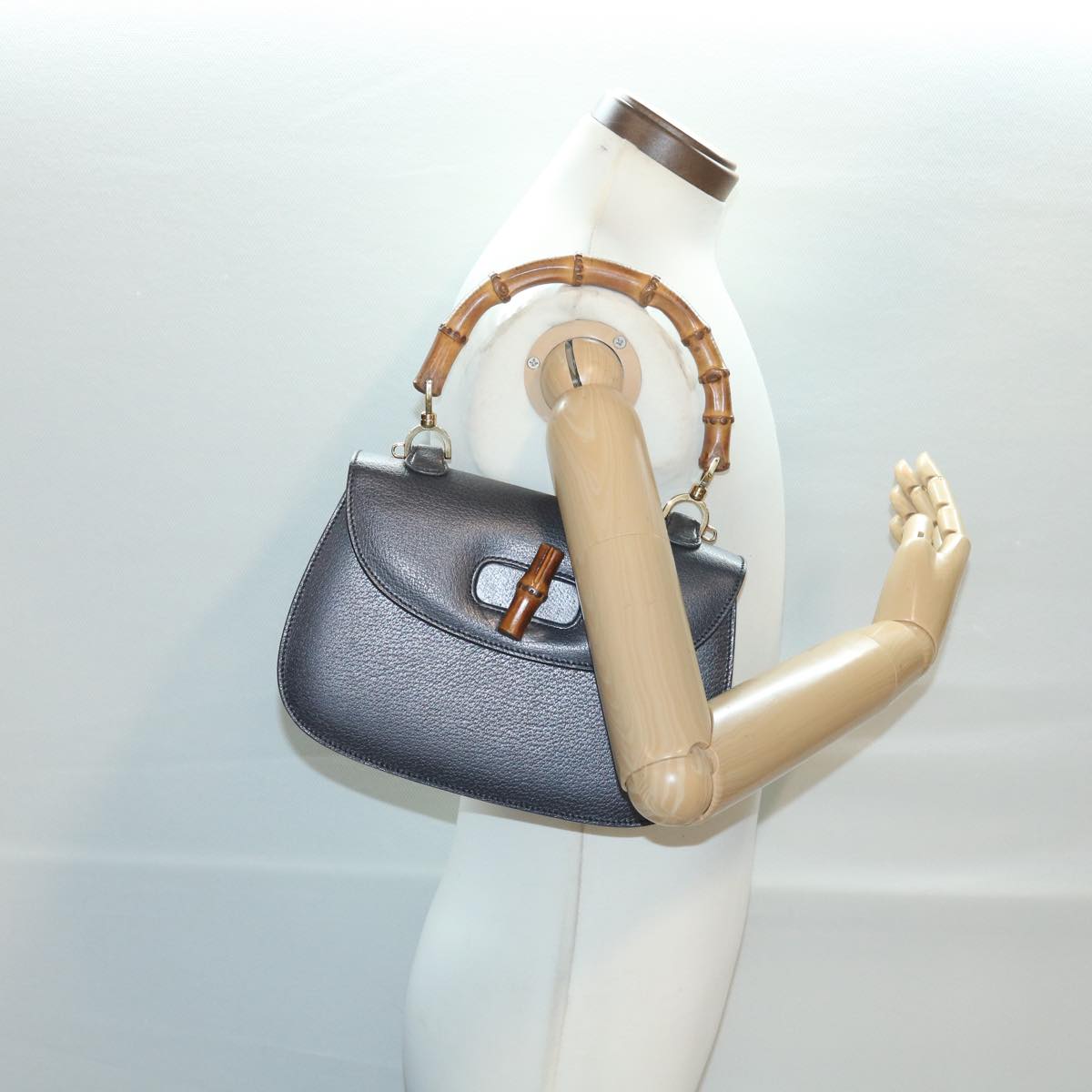 GUCCI Bamboo Hand Bag Leather Gray 000.926.0633 Auth 37969