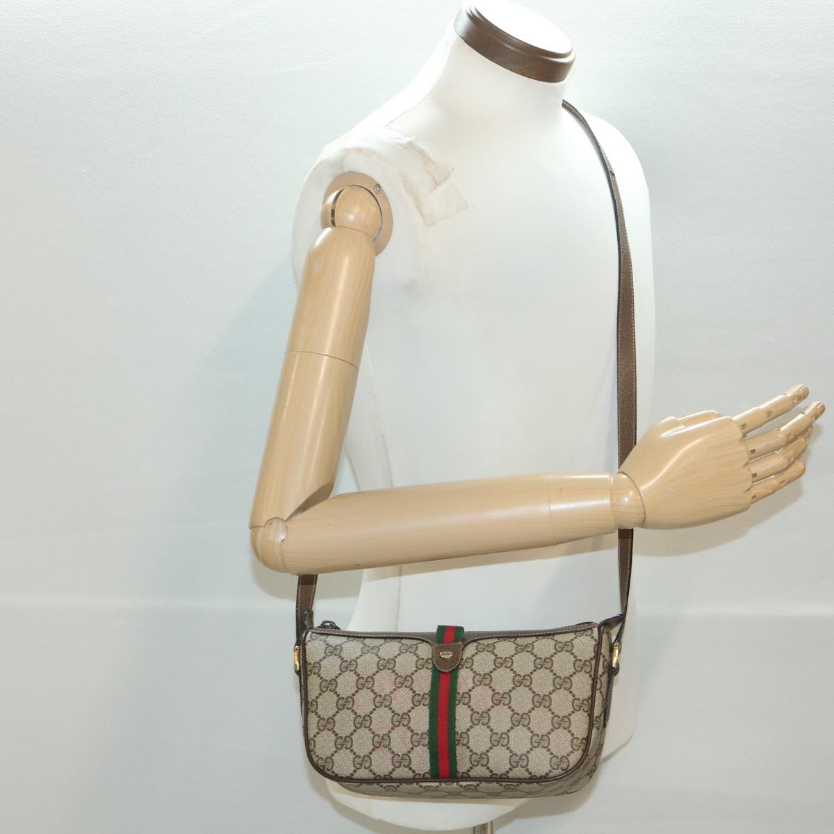 GUCCI GG Canvas Web Sherry Line Shoulder Bag Beige Red 89 02 054 Auth 38094