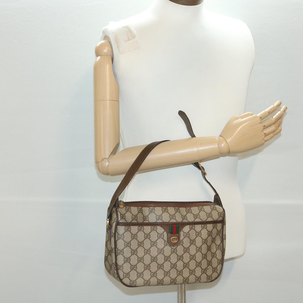 GUCCI GG Canvas Web Sherry Line Shoulder Bag Beige Red 89.02.077 Auth 38096