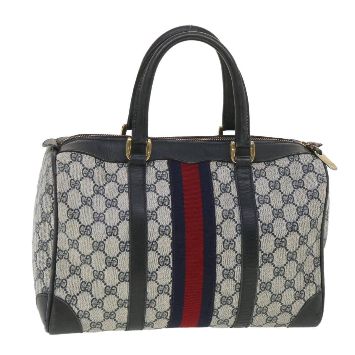 GUCCI GG Canvas Sherry Line Boston Bag PVC Leather Gray Red Navy Auth 38098