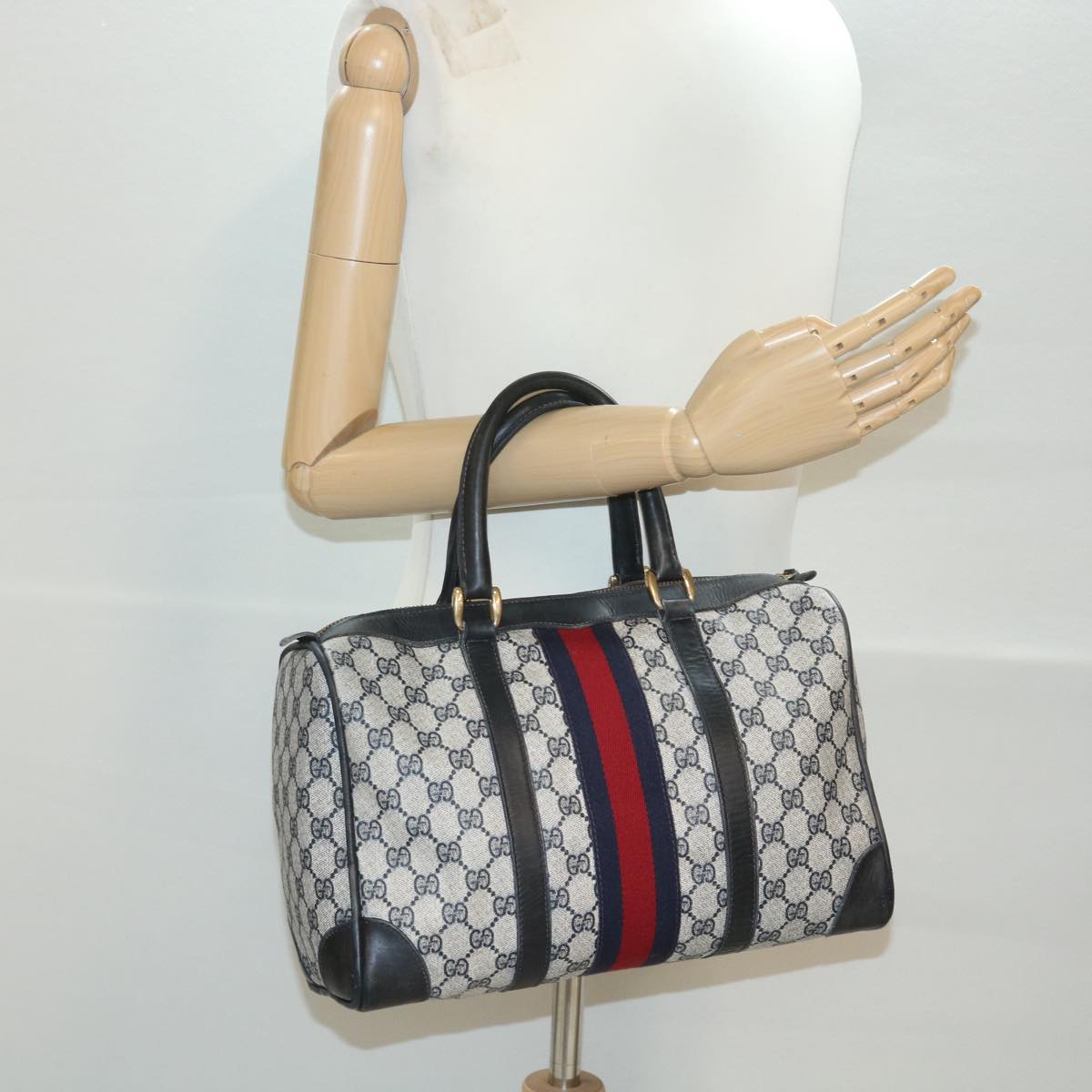 GUCCI GG Canvas Sherry Line Boston Bag PVC Leather Gray Red Navy Auth 38098