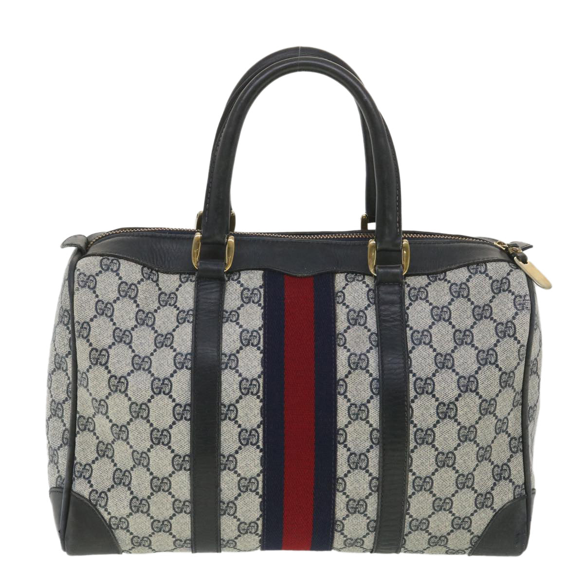 GUCCI GG Canvas Sherry Line Boston Bag PVC Leather Gray Red Navy Auth 38098