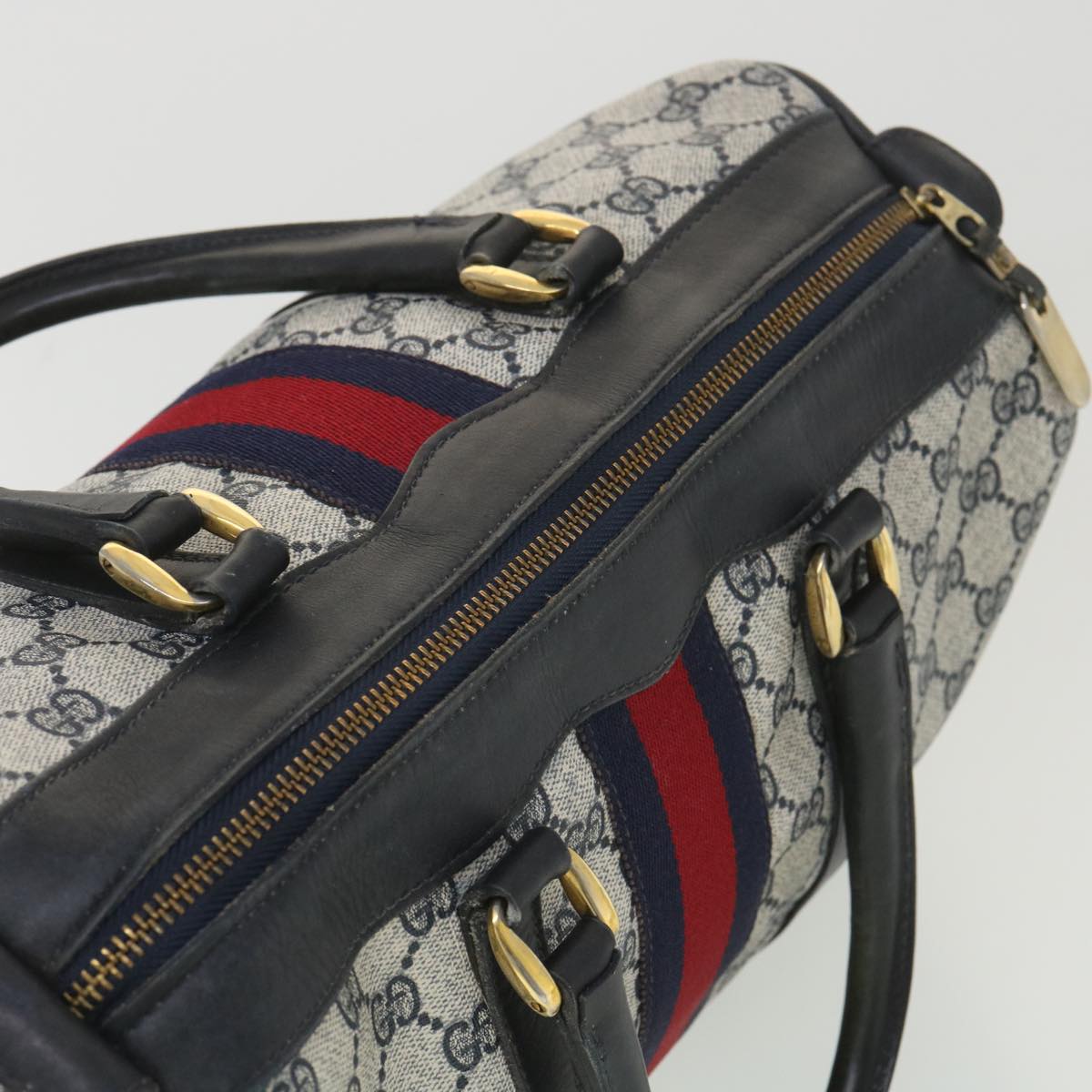 GUCCI GG Canvas Sherry Line Boston Bag PVC Leather Gray Red Navy Auth 38098