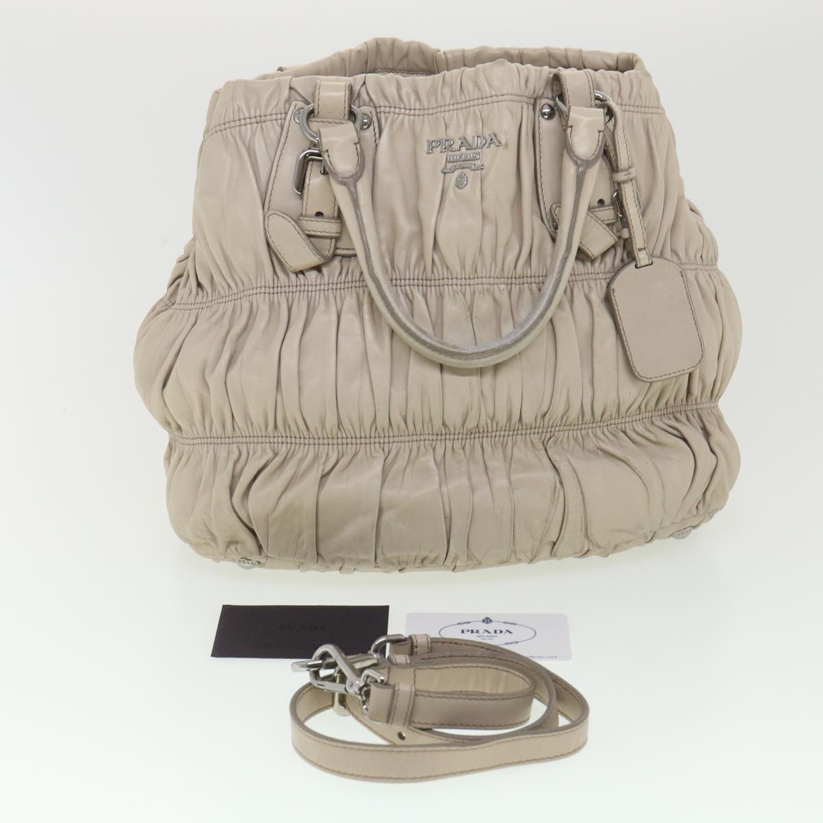 PRADA Shoulder Bag Leather 2way Beige Auth 38294