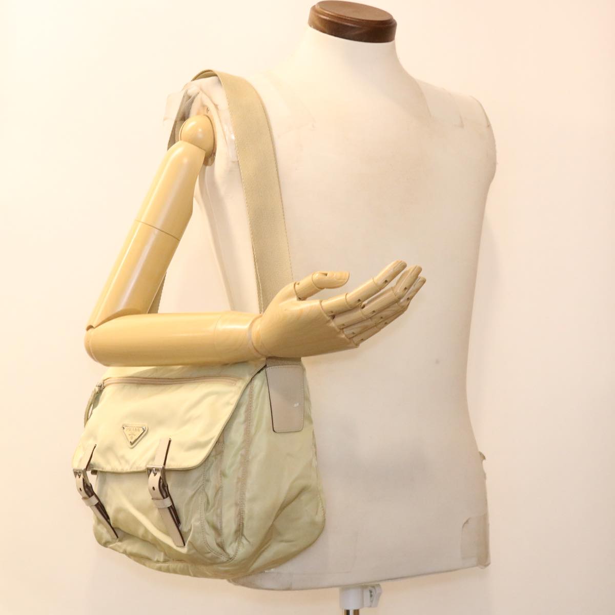 PRADA Shoulder Bag Nylon Cream Auth 38302