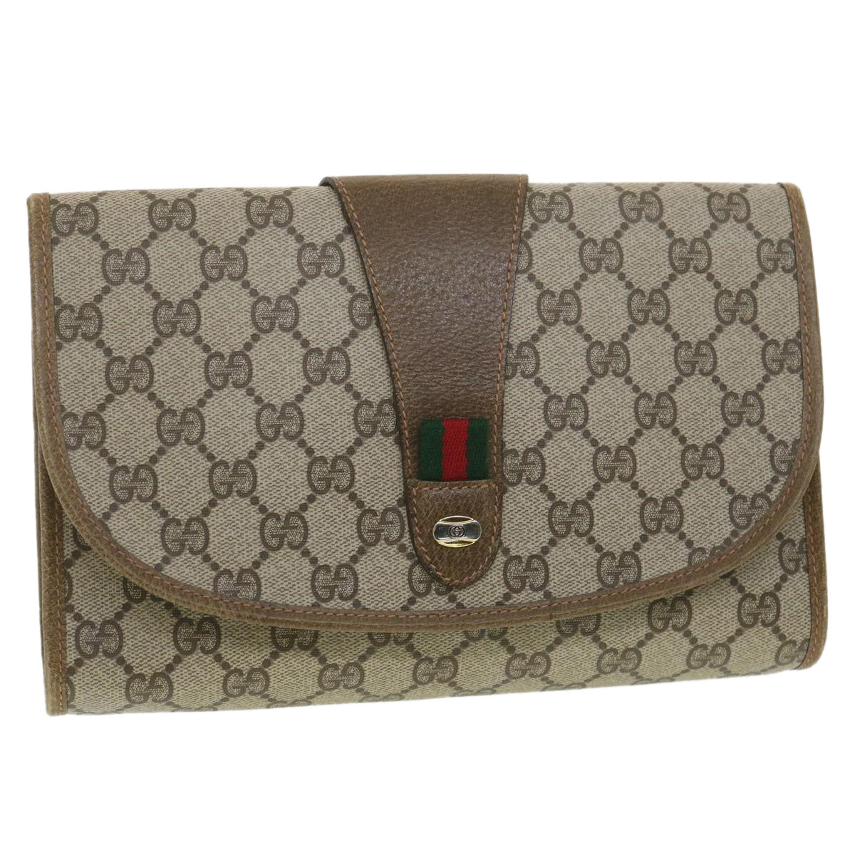 GUCCI GG Canvas Web Sherry Line Clutch Bag Beige Red Green 89.01.030 Auth 38392