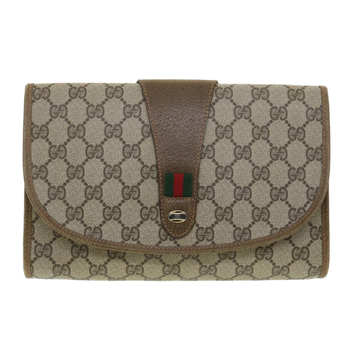 GUCCI GG Canvas Web Sherry Line Clutch Bag Beige Red Green 89.01.030 Auth 38392