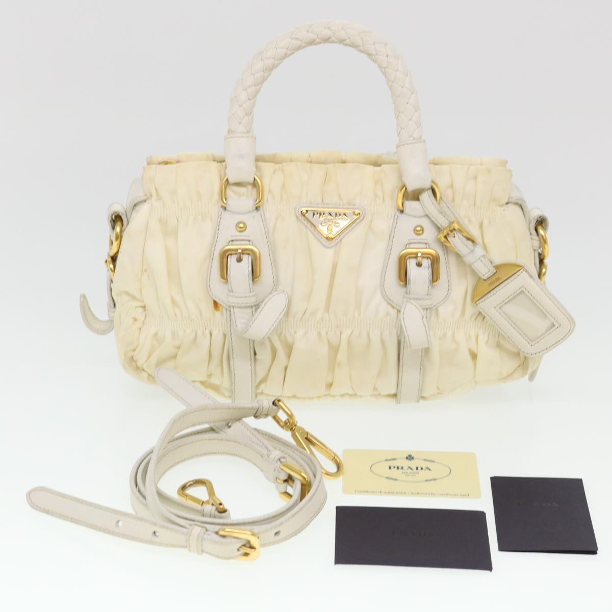 PRADA Hand Bag Nylon 2way Cream Auth 38501