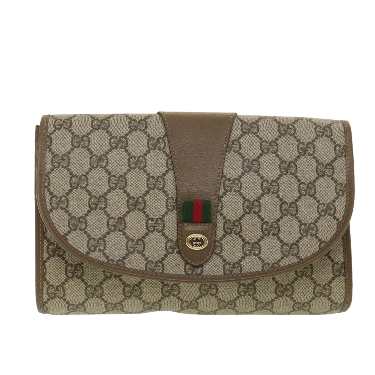 GUCCI GG Canvas Web Sherry Line Clutch Bag Beige Red Green 89.01.030 Auth 38628