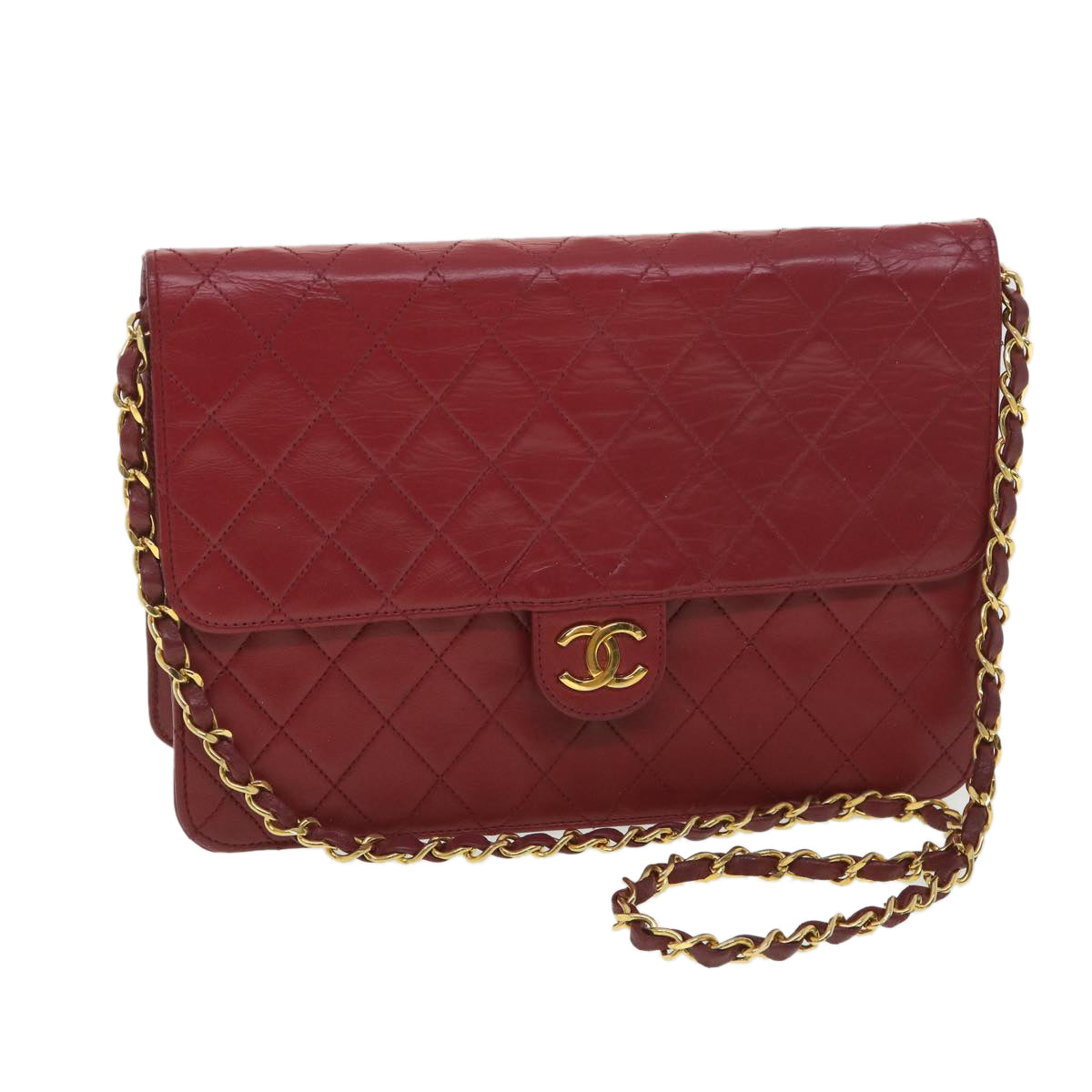 CHANEL Chain Shoulder Bag Lamb Skin Red CC Auth 38660