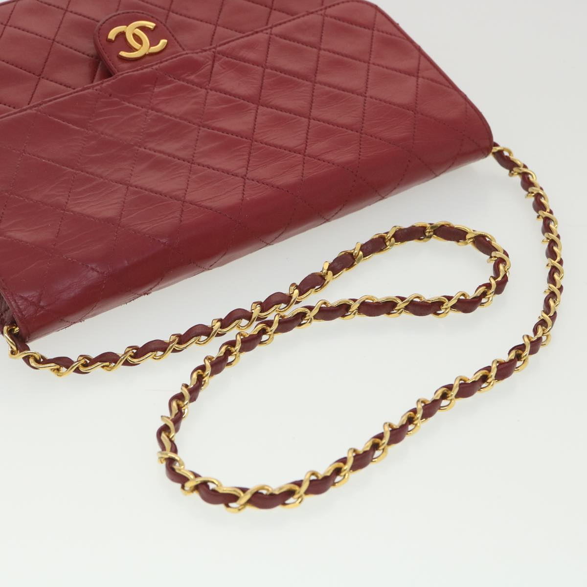 CHANEL Chain Shoulder Bag Lamb Skin Red CC Auth 38660