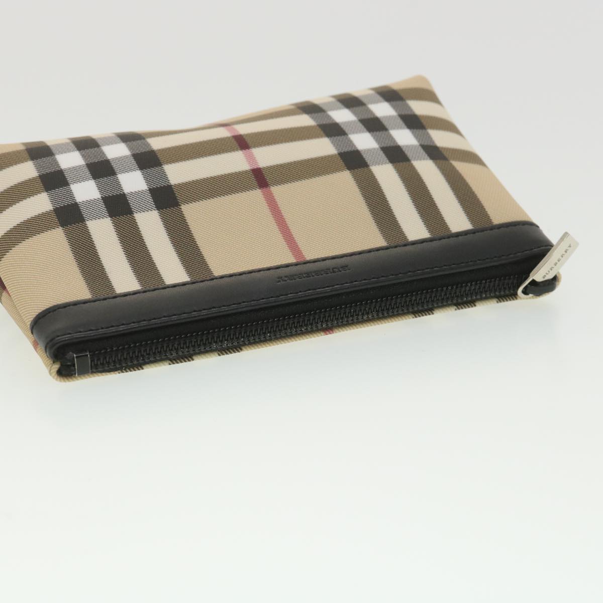 BURBERRY Nova Check Pouch PVC Leather Beige Auth 38673