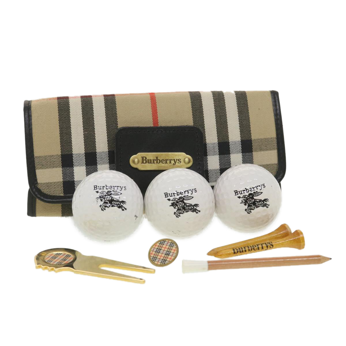 Burberrys Nova Check Golf Ball Case Nylon Beige Auth 38720