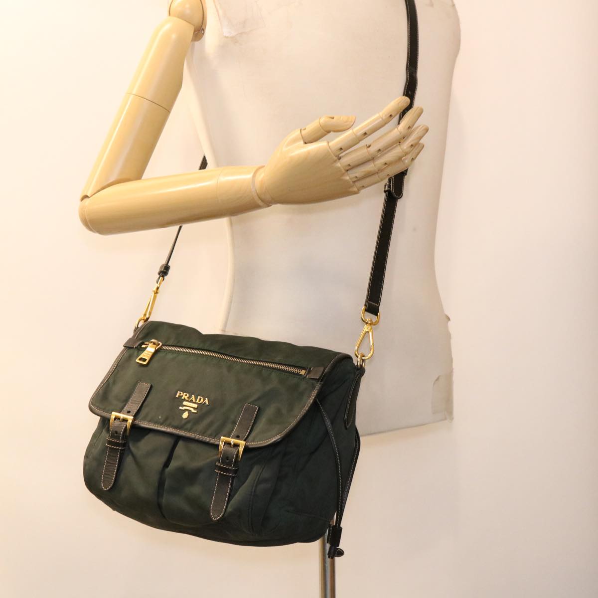 PRADA Shoulder Bag Nylon Khaki Auth 38796