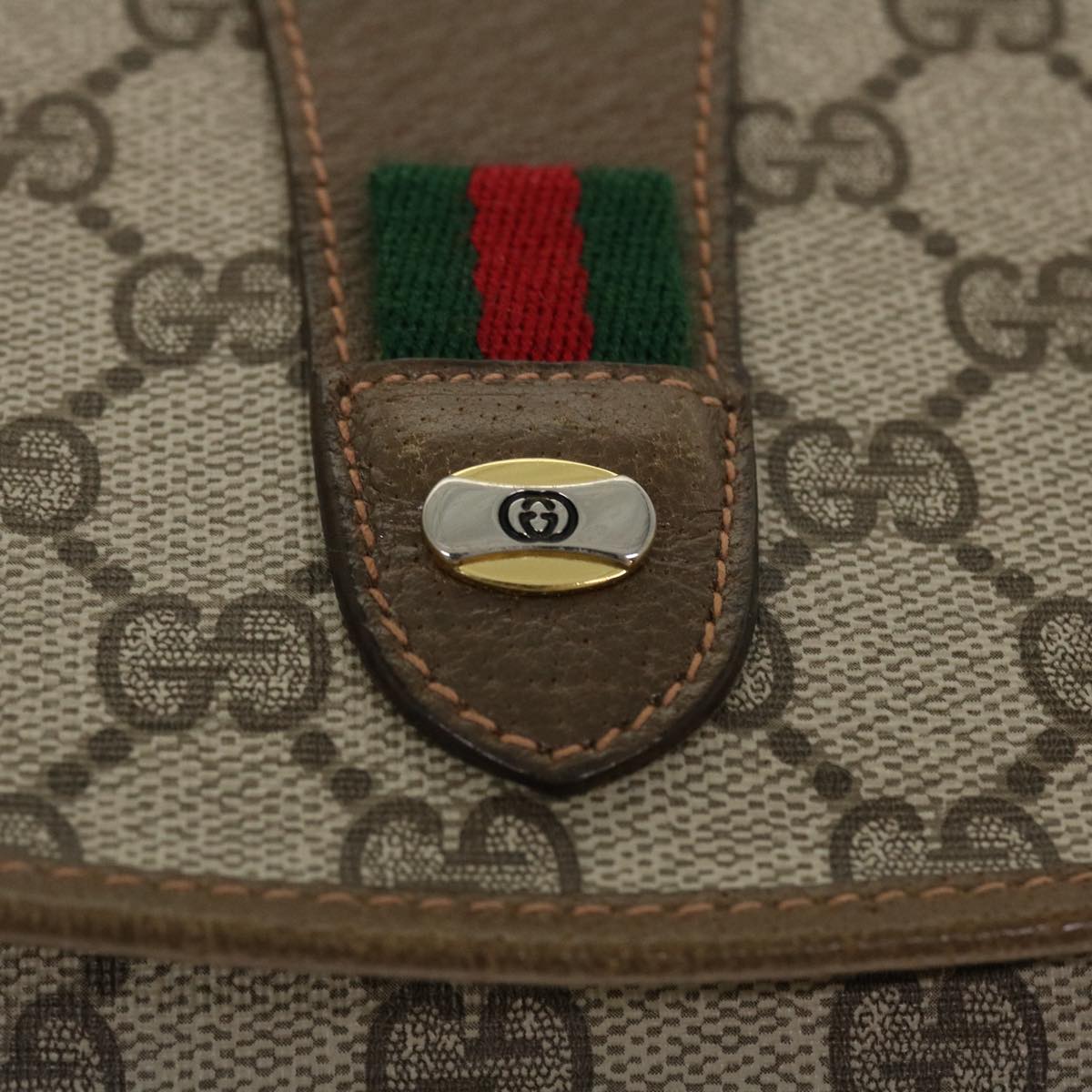 GUCCI Web Sherry Line GG Canvas Clutch Bag PVC Leather Beige Green Auth 39026