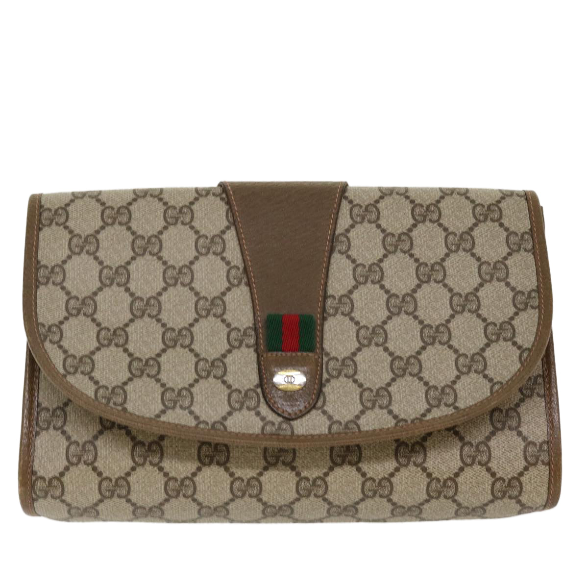 GUCCI Web Sherry Line GG Canvas Clutch Bag PVC Leather Beige Green Auth 39026