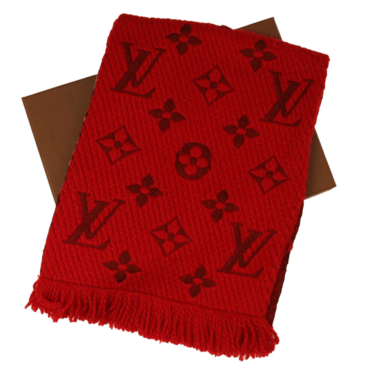 LOUIS VUITTON Monogram Escalp Logo Mania Scarf Wool Silk Red M74732 Auth 39194