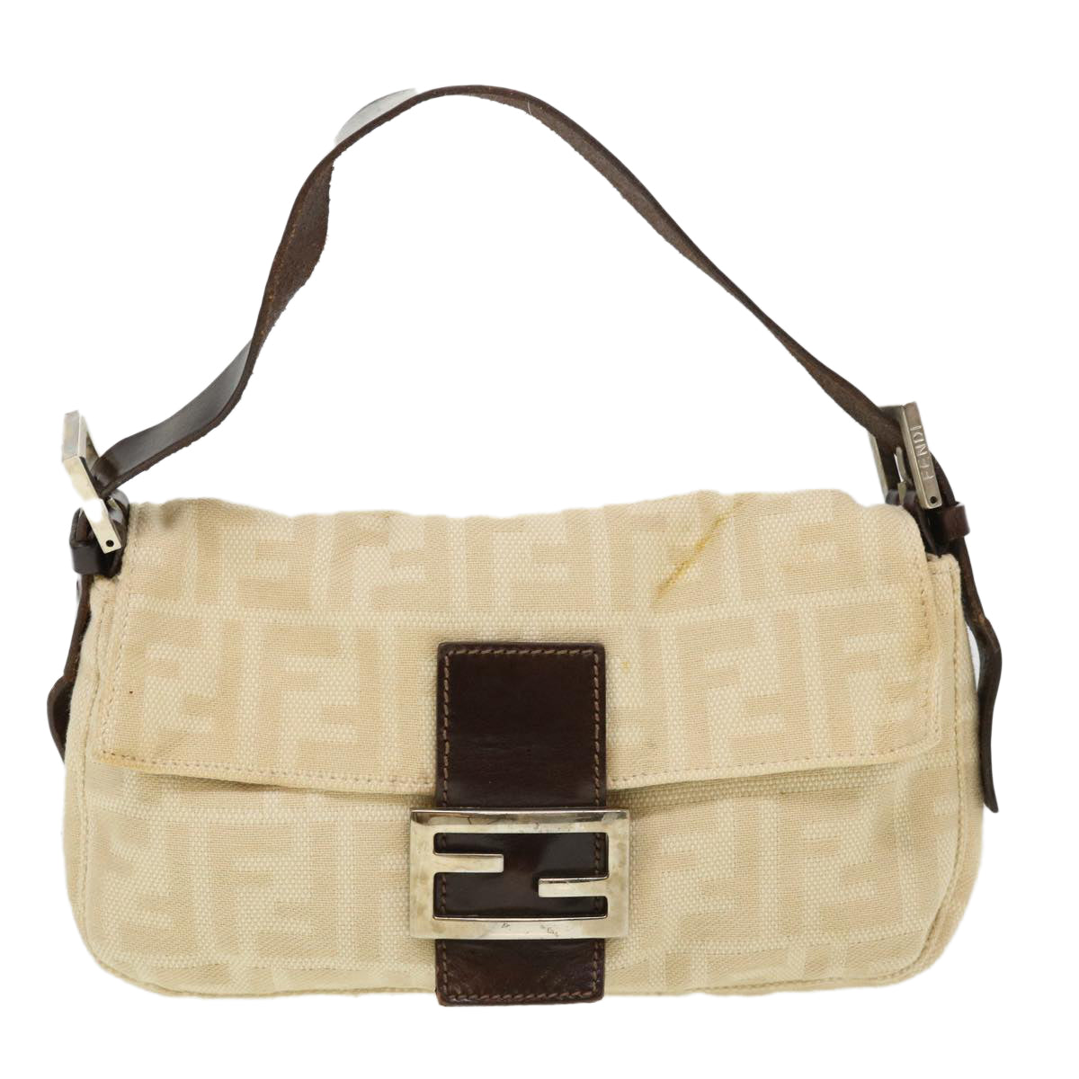 FENDI Zucca Canvas Mamma Baguette Shoulder Bag Beige 33492 26424 008 Auth 39285