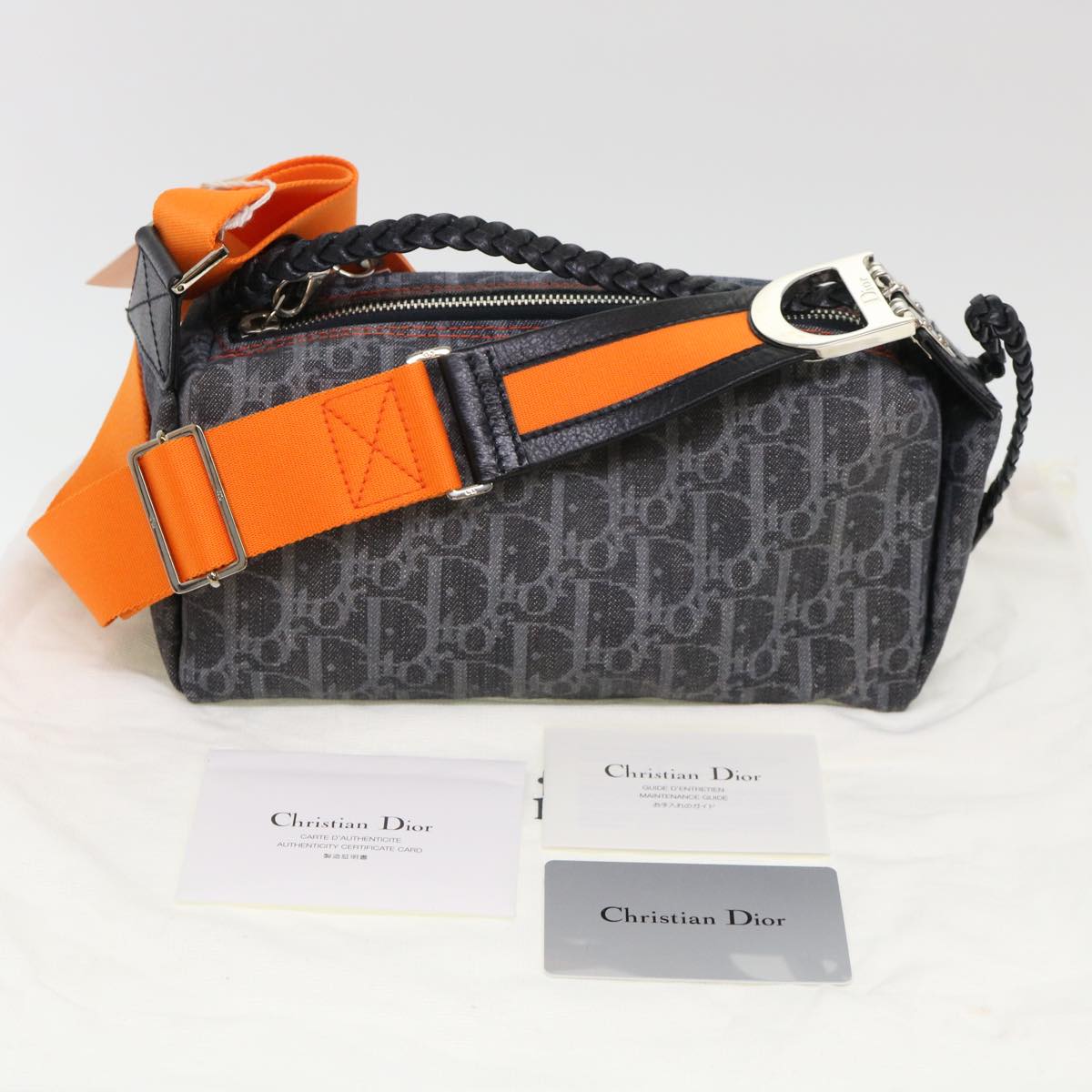 Christian Dior Trotter Canvas Flight Shoulder Bag Navy Orange Auth 39354A