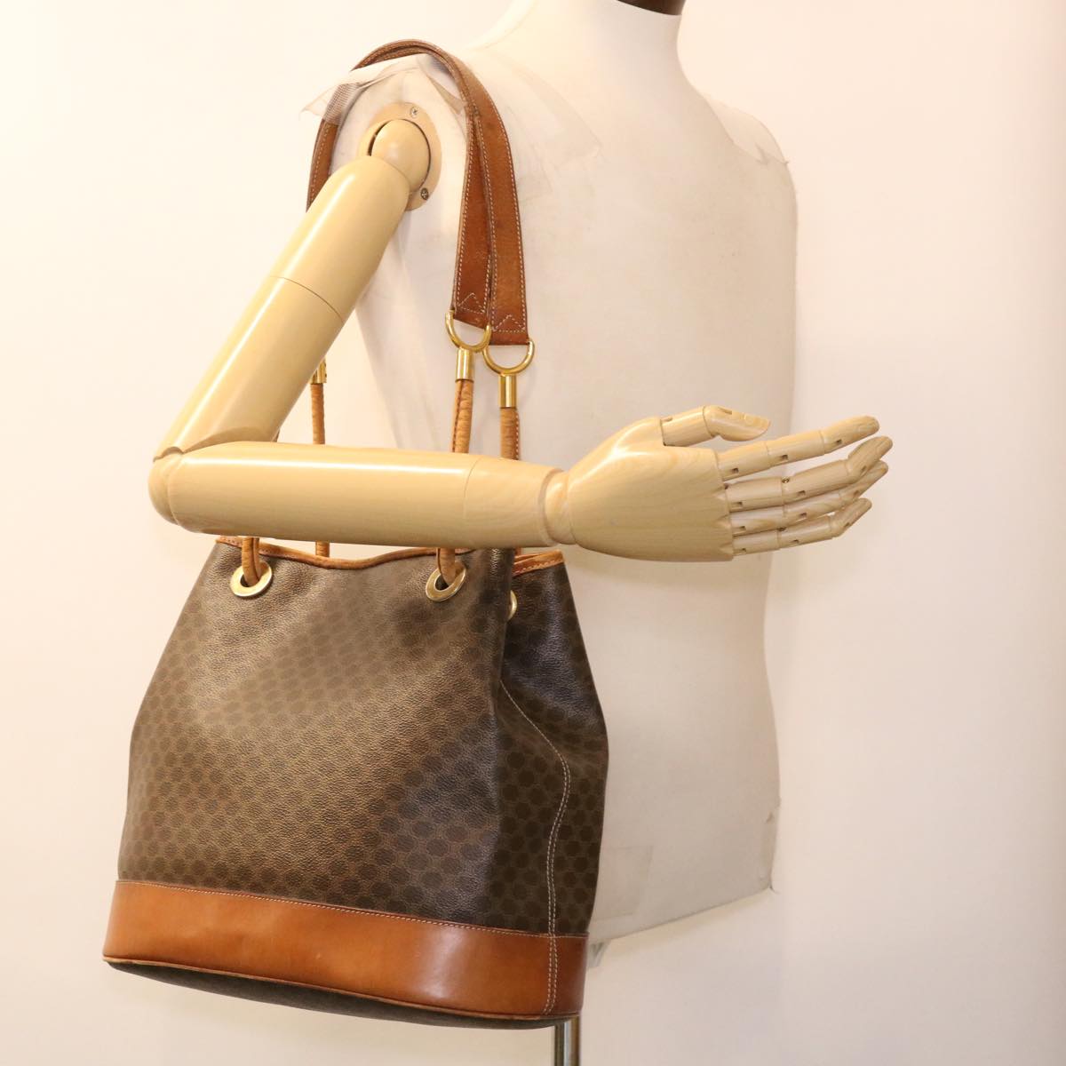 CELINE Macadam Canvas Shoulder Bag PVC Leather Brown Auth 39461