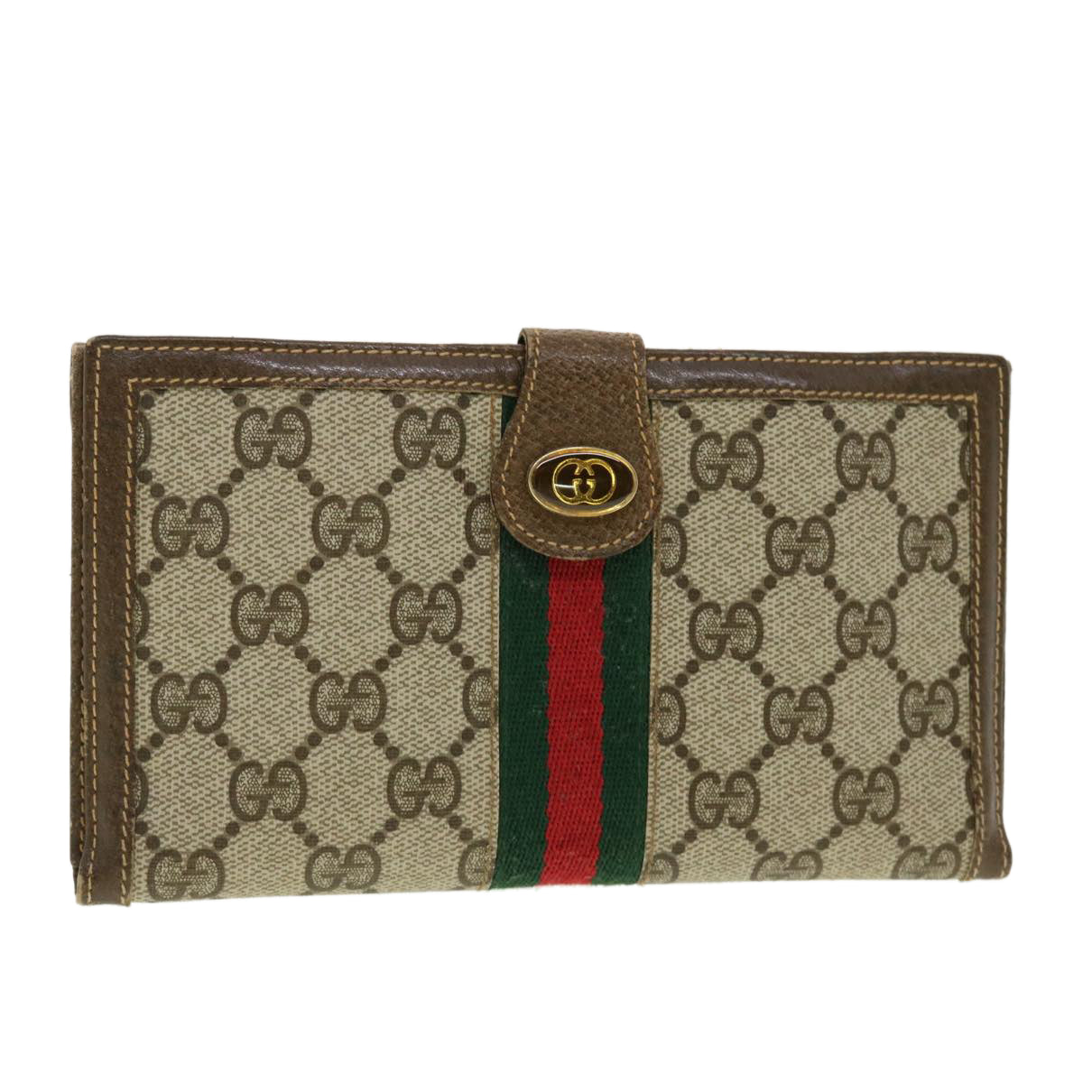 GUCCI GG Canvas Web Sherry Line Long Wallet Beige Red Green Auth 39469