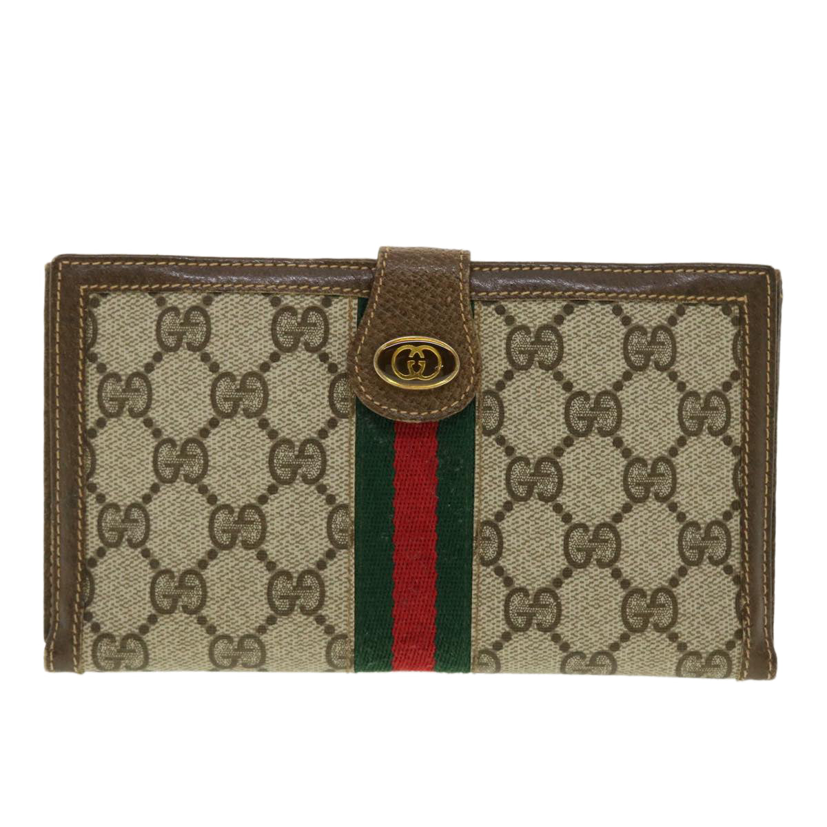 GUCCI GG Canvas Web Sherry Line Long Wallet Beige Red Green Auth 39469