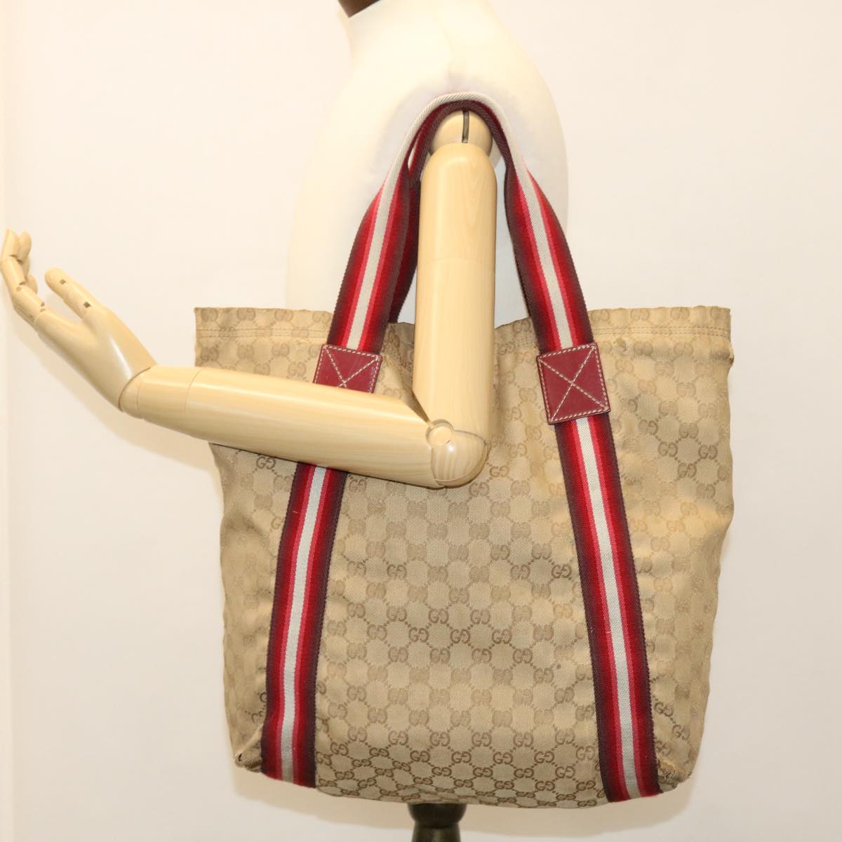 GUCCI GG Canvas Sherry Line Tote Bag Beige Red white 189669 Auth 39608