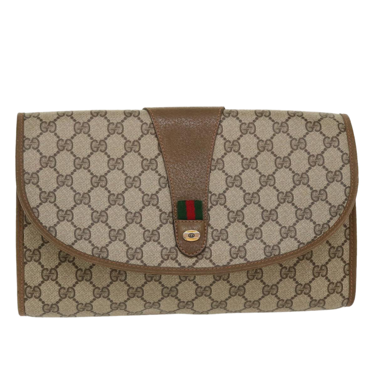 GUCCI GG Canvas Web Sherry Line Clutch Bag Beige Red Green 89.01.031 Auth 39614