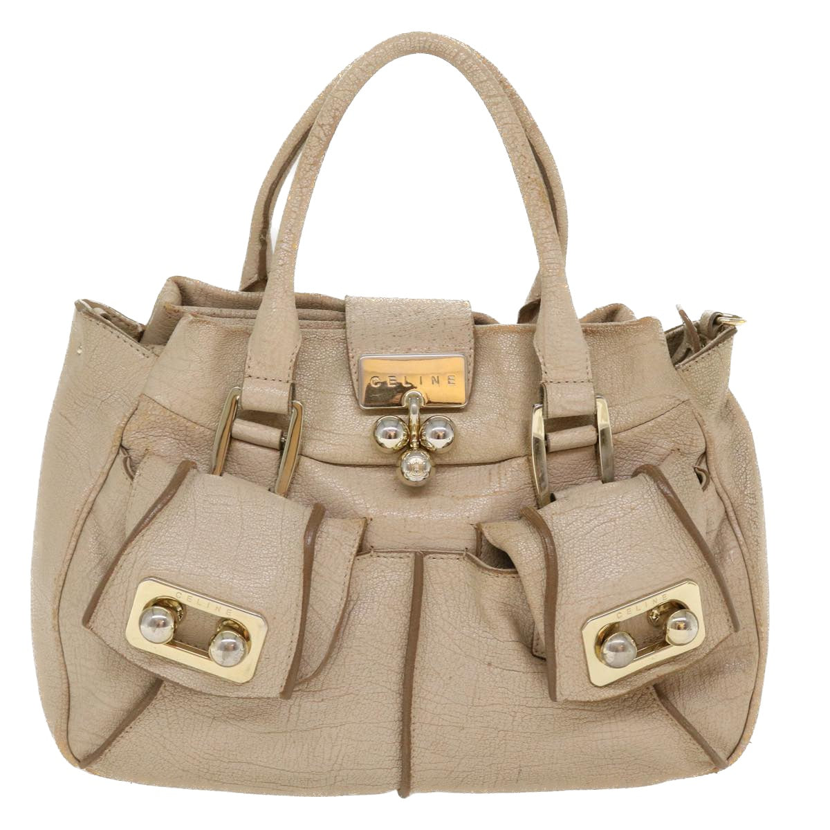 CELINE Hand Bag Leather 2way Beige Auth 39619