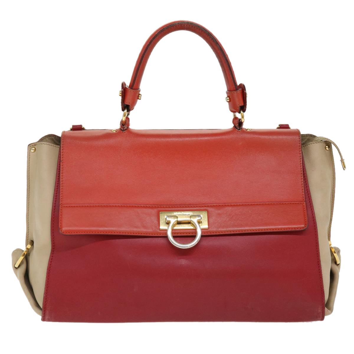 Salvatore Ferragamo Sofia Hand Bag Leather 2way Red Beige Auth 39627