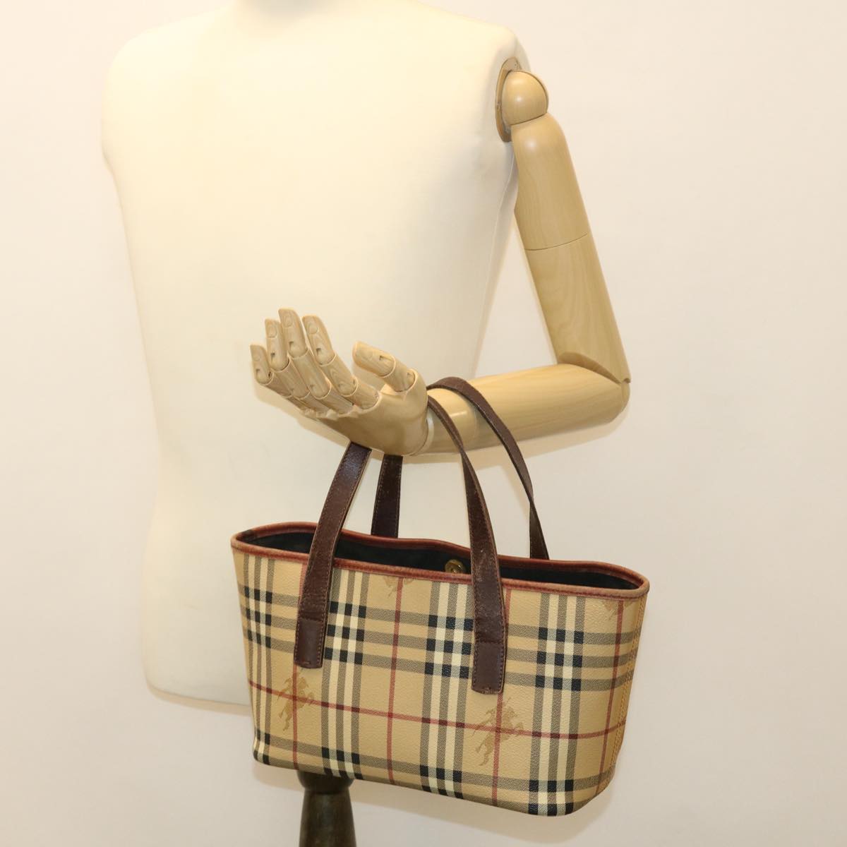 BURBERRY Nova Check Hand Bag PVC Leather Beige Brown black Auth 39638