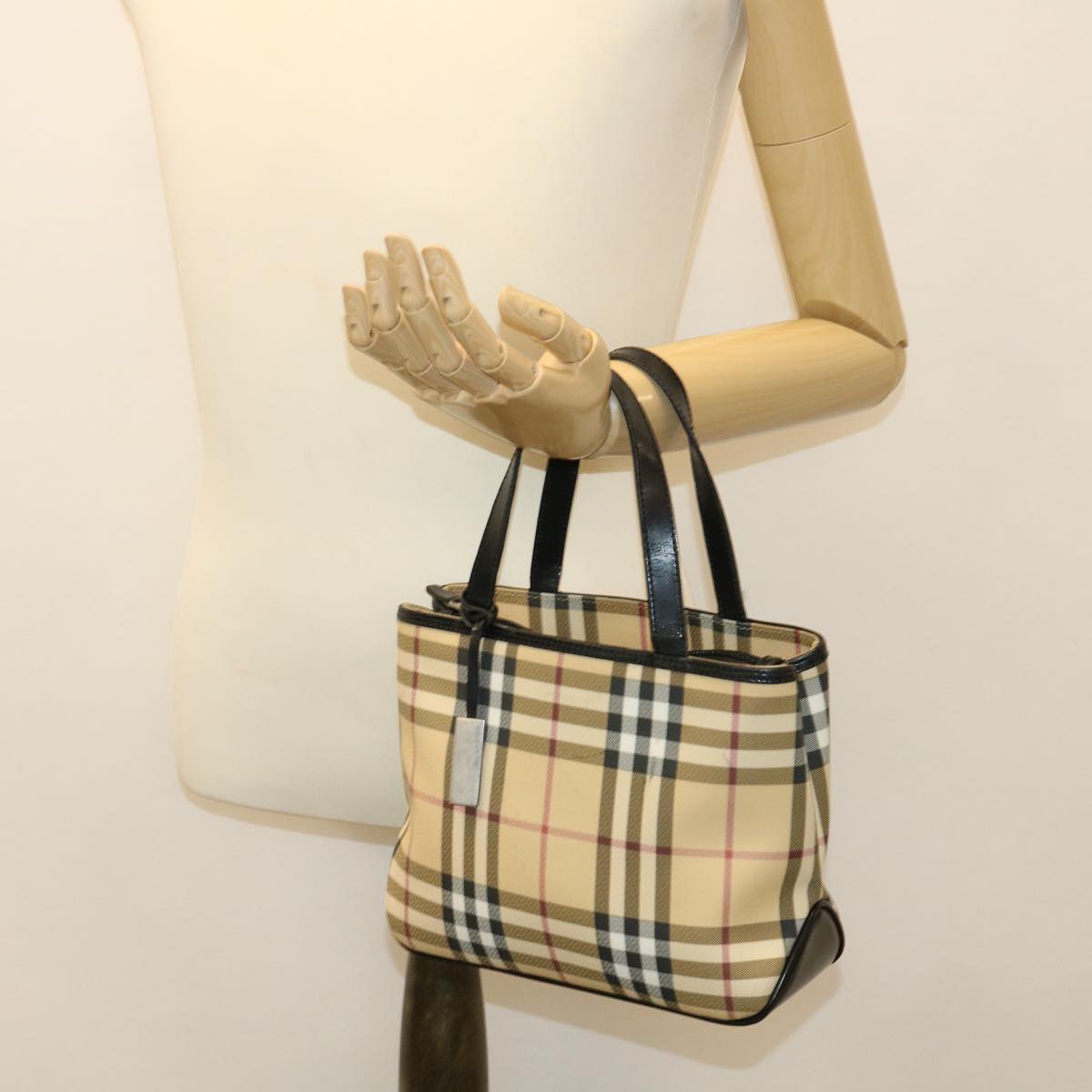 BURBERRY Nova Check Hand Bag PVC Leather Beige Red black Auth 39639