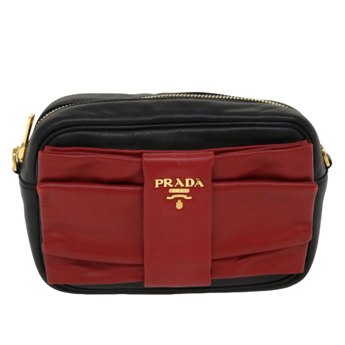 PRADA Ribbon Shoulder Bag Leather Red Black Auth 39645A