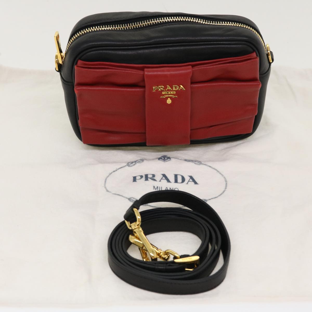 PRADA Ribbon Shoulder Bag Leather Red Black Auth 39645A