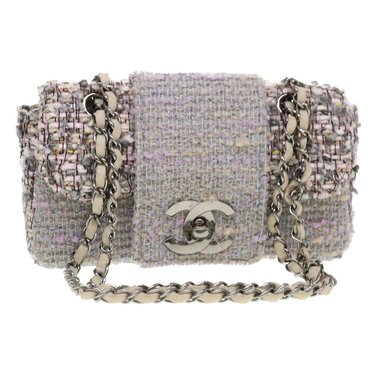 CHANEL Turn Lock Shoulder Bag Tweed Gray CC Auth 39650A