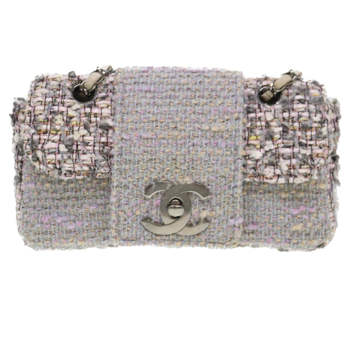 CHANEL Turn Lock Shoulder Bag Tweed Gray CC Auth 39650A