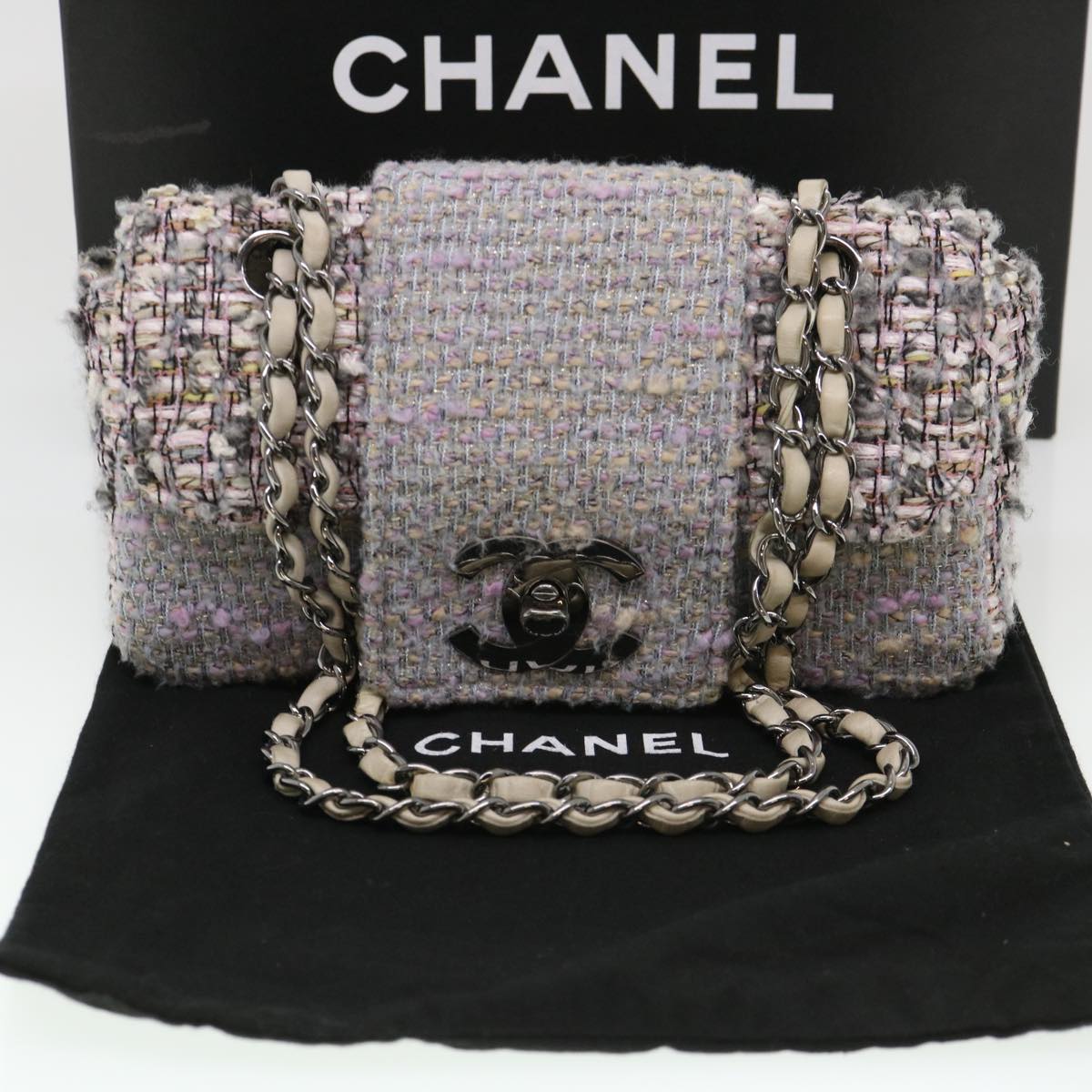 CHANEL Turn Lock Shoulder Bag Tweed Gray CC Auth 39650A