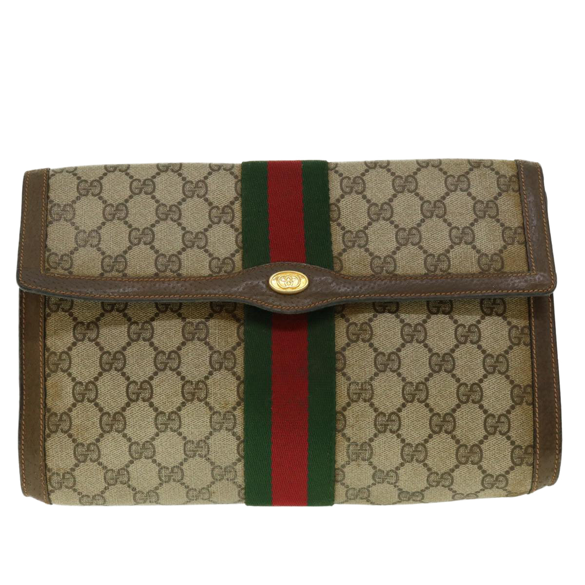 GUCCI GG Canvas Web Sherry Line Clutch Bag Beige Red Green 89.01.007 Auth 39747