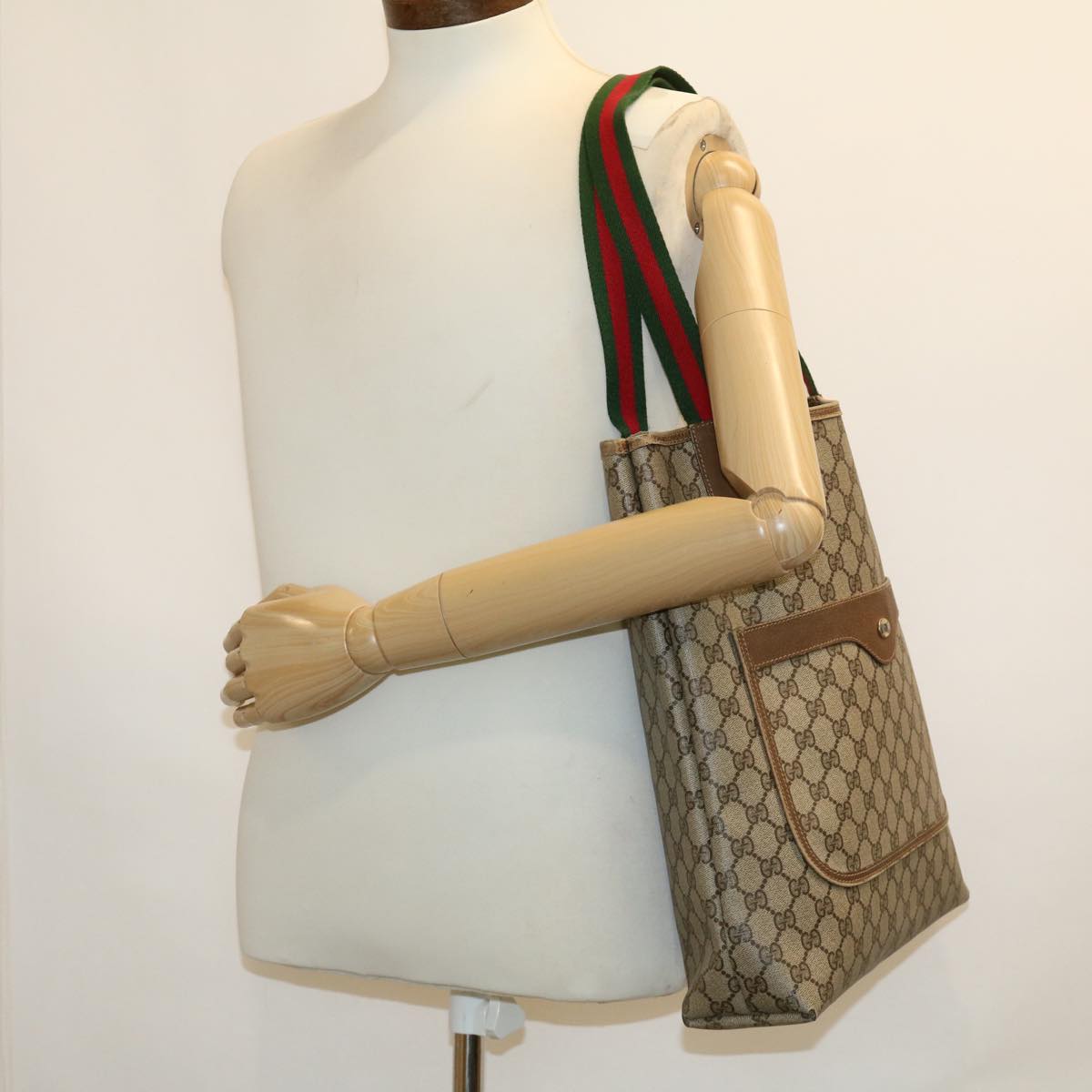 GUCCI GG Canvas Web Sherry Line Tote Bag Beige Red Green 120.02.003 Auth 39772