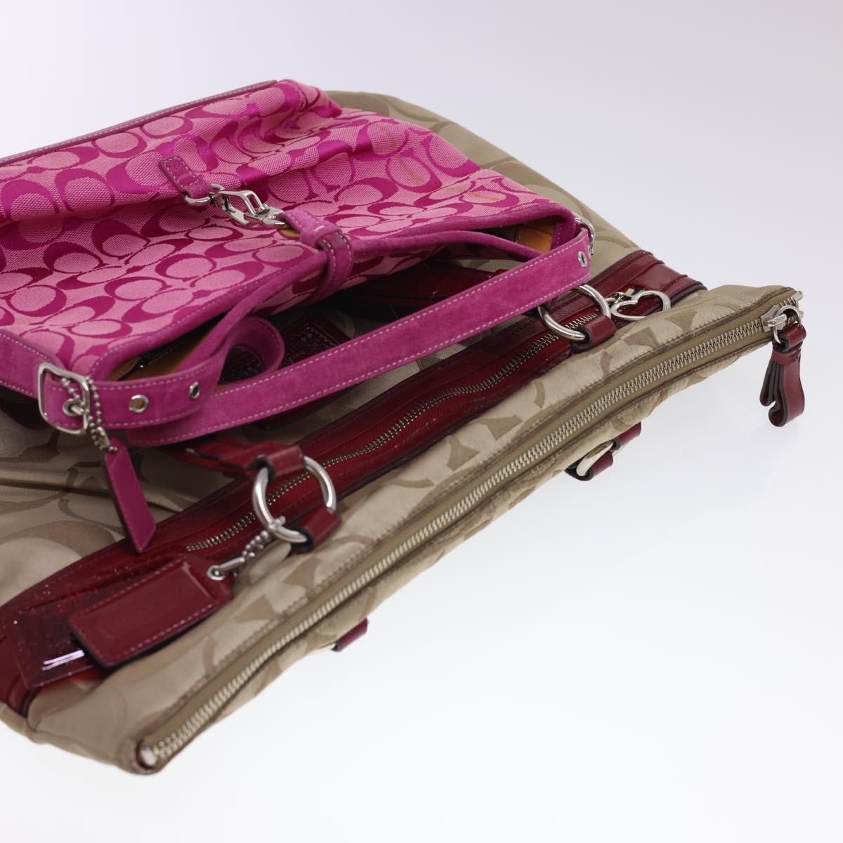 Coach Signature Canvas Shoulder Bag Nylon 2Set Beige Red pink Auth 39860