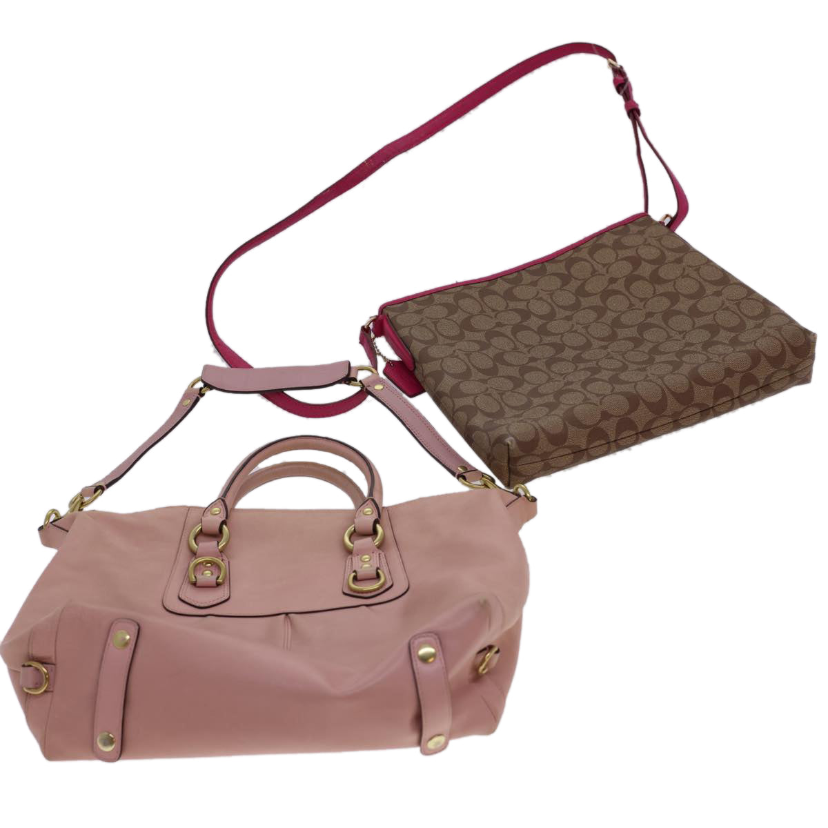 Coach Signature Canvas Hand Shoulder Bag 2way Leather 2Set Pink Beige Auth 39863