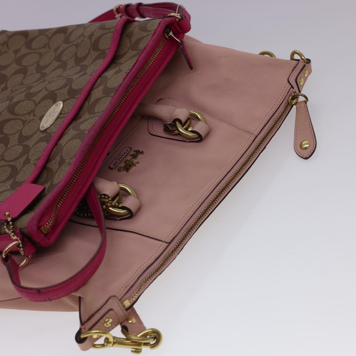 Coach Signature Canvas Hand Shoulder Bag 2way Leather 2Set Pink Beige Auth 39863 - 0