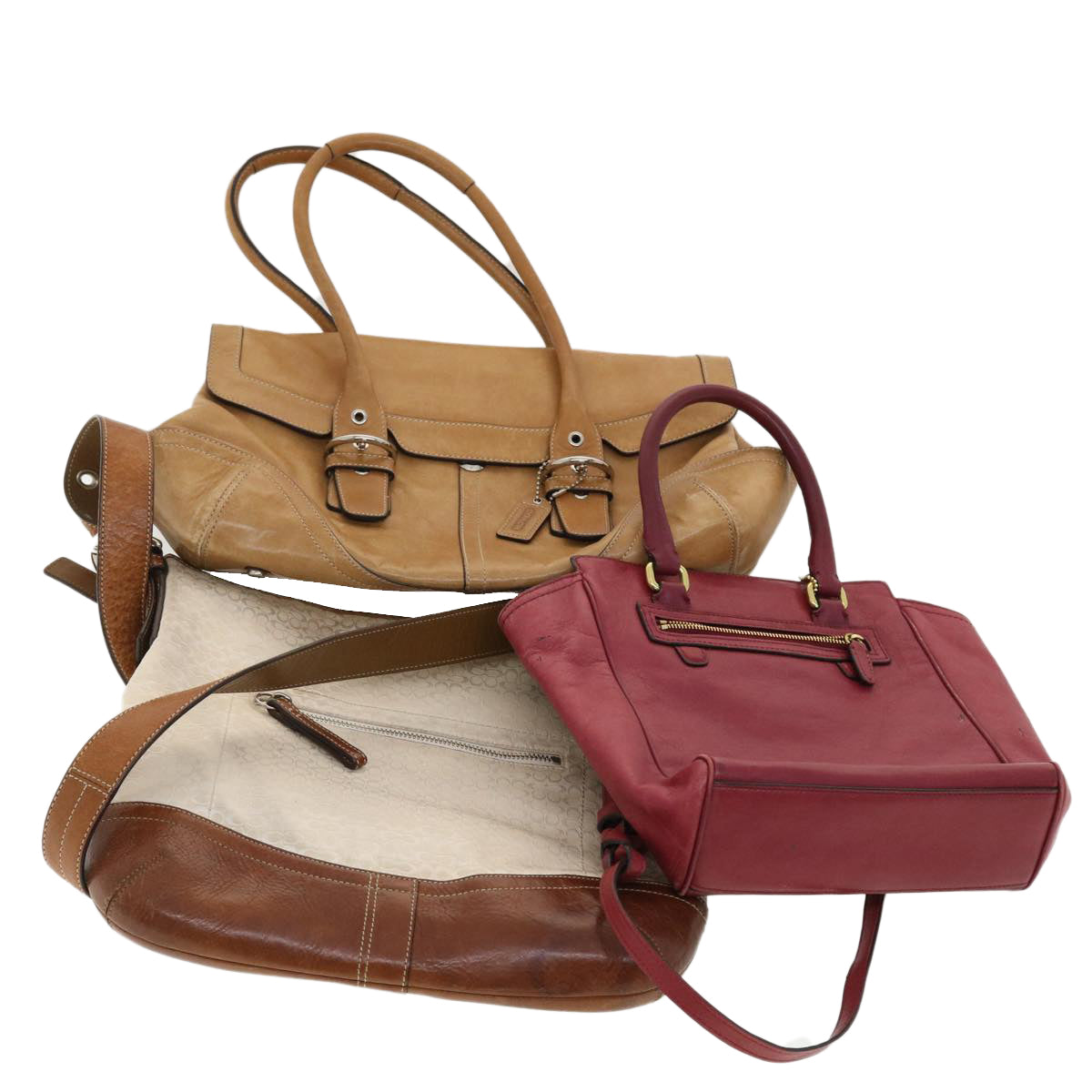 Coach Signature Canvas Shoulder Bag Nylon Leather 3Set Brown Red Auth 39868