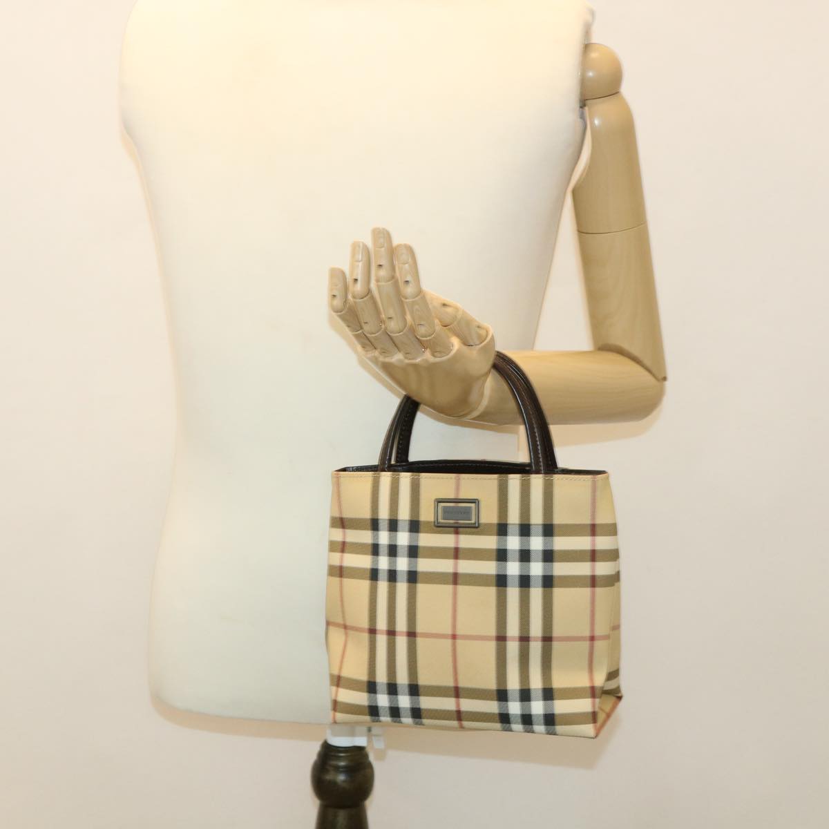 BURBERRY Nova Check Canvas Hand Bag PVC Leather Beige Black Red Auth 39932