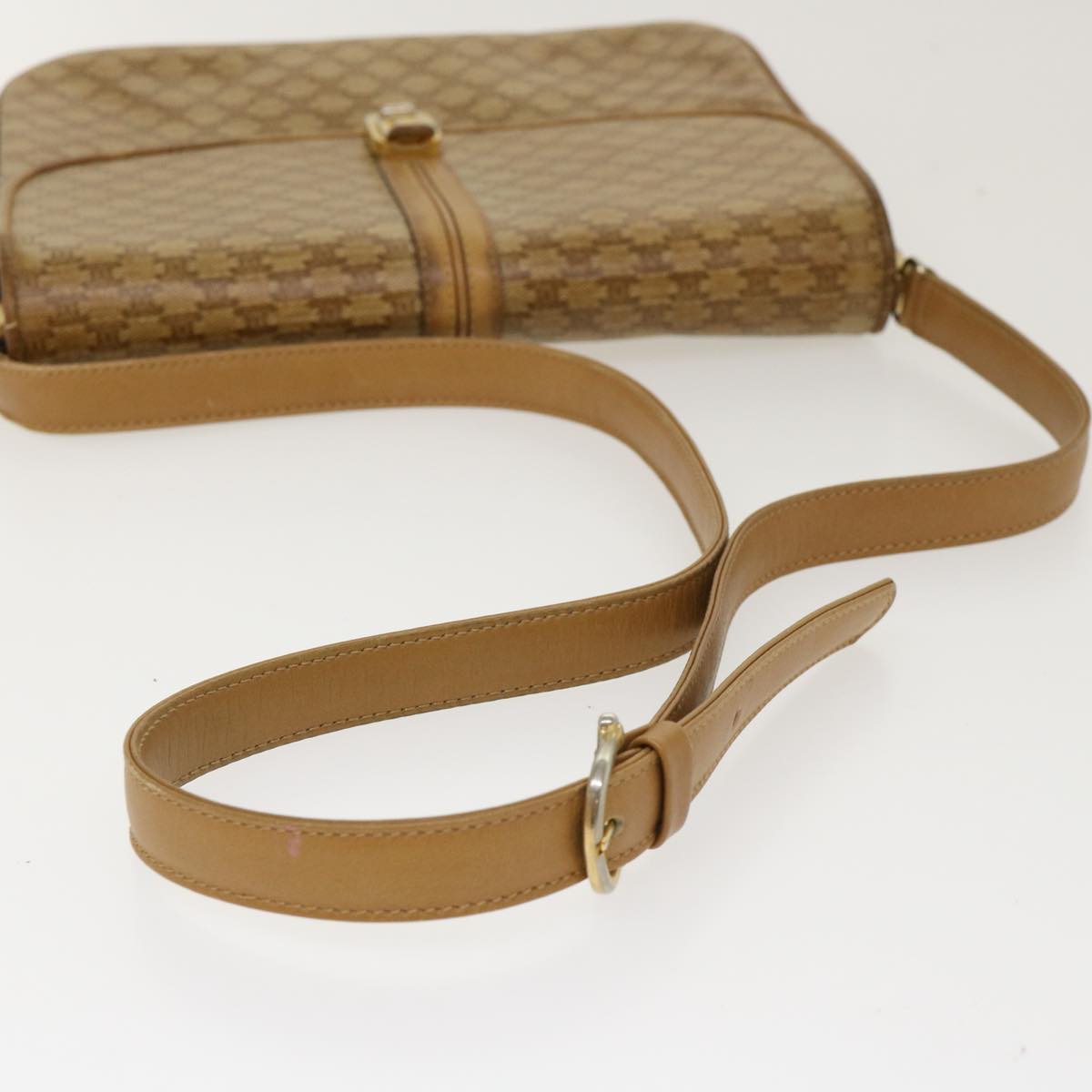CELINE Macadam Canvas Shoulder Bag PVC Leather Beige Auth 39942