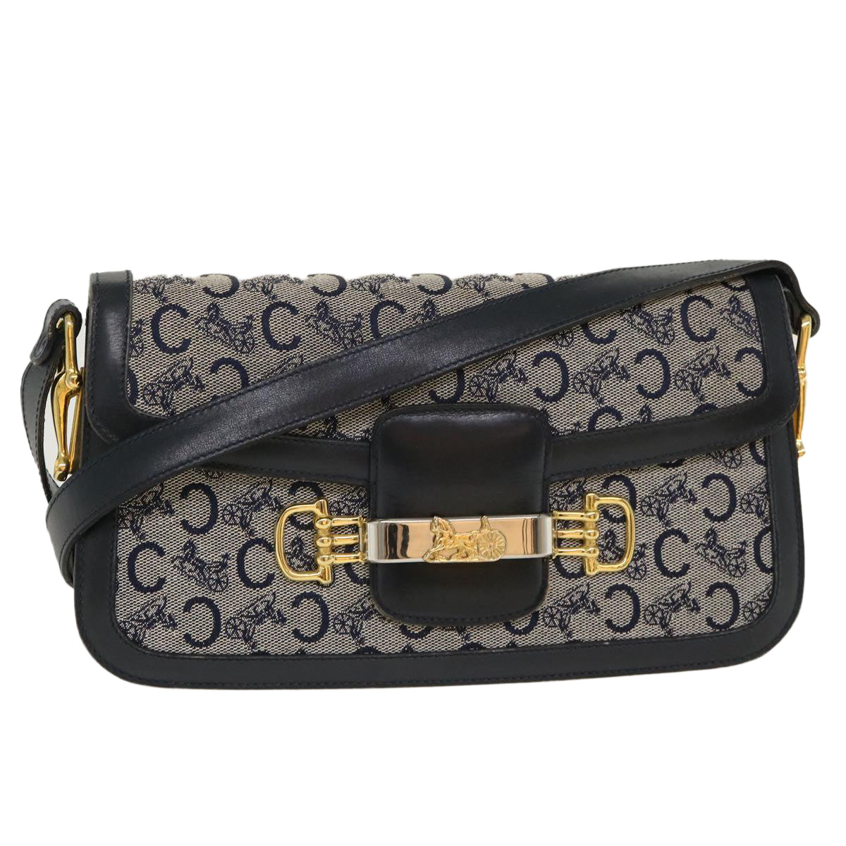 CELINE C Macadam Canvas Horse Carriage Shoulder Bag Navy Auth 39947